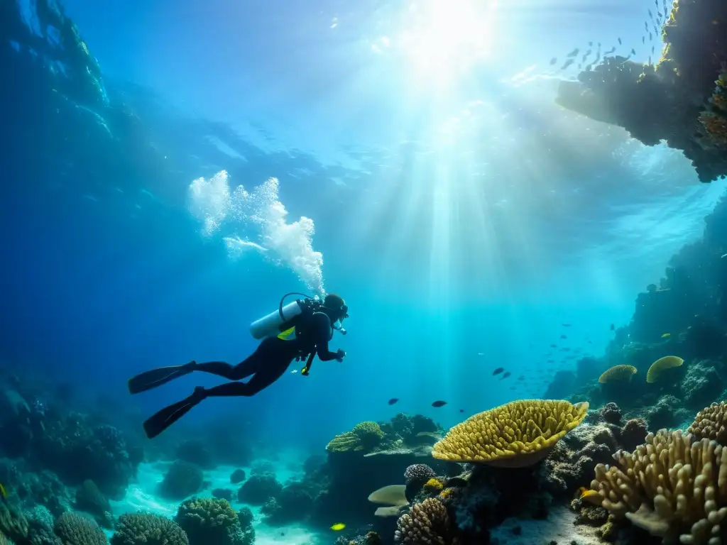 Un buceador explorando arrecifes de coral, vida marina y un entorno submarino dinámico que evoca aventura y fitness personalizado para buceadores