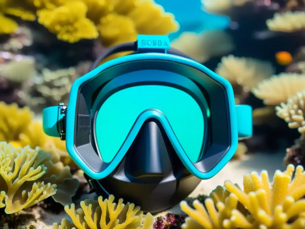 Un buceador explorando arrecifes de coral con una máscara de buceo personalizada con impresión 3D