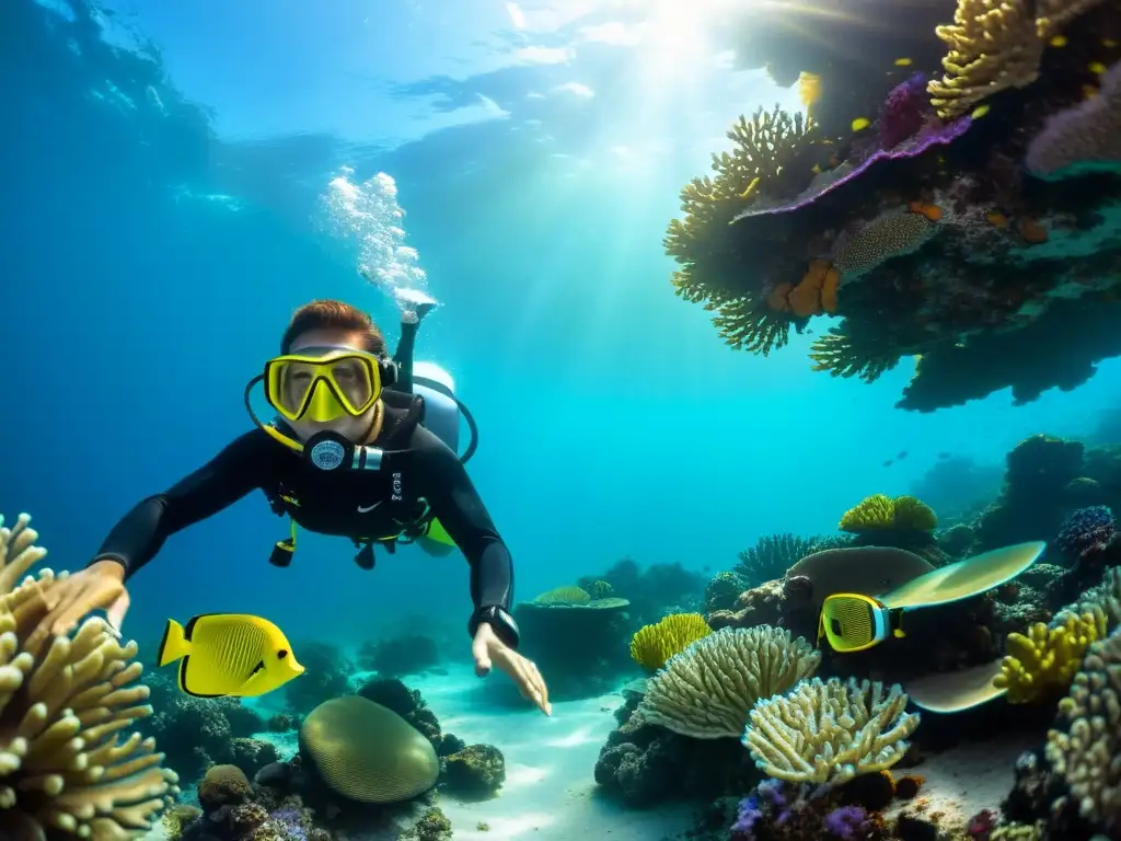 Un buceador explora arrecifes de coral y peces coloridos con una máscara de buceo revolucionaria, ofreciendo visibilidad sin igual