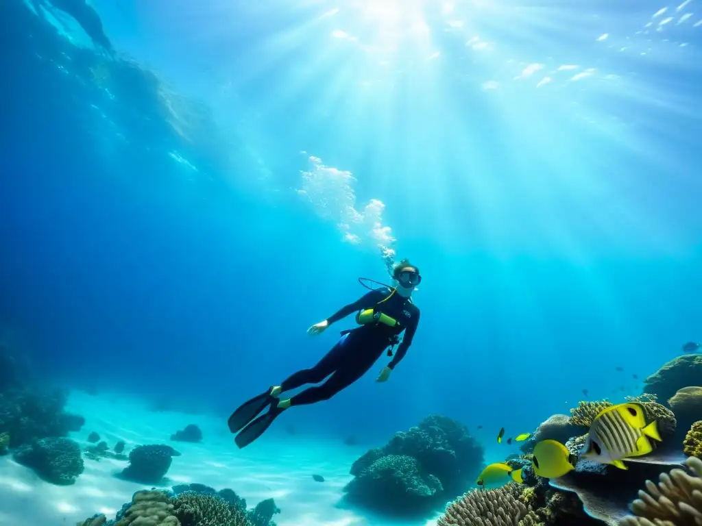 Un buceador flota grácilmente entre arrecifes de coral y peces tropicales, mostrando la Importancia del estiramiento en buceo