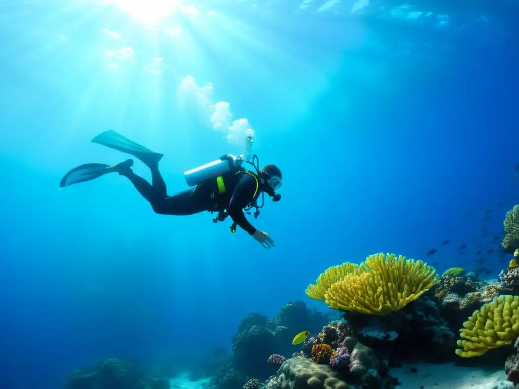 Un buceador asciende entre arrecifes de coral y peces tropicales, con filtros de aire para buceo, en aguas azules cristalinas