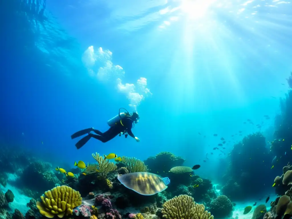 Un buceador nada entre arrecifes de coral vibrantes, rodeado de vida marina