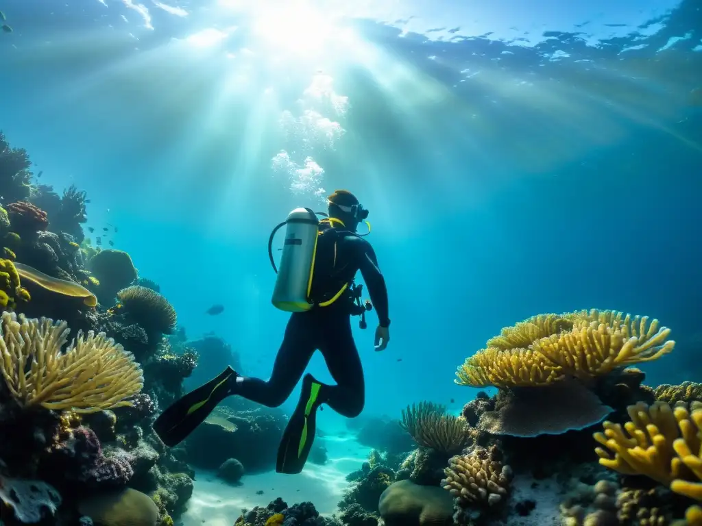 Un buceador asciende lentamente entre arrecifes de coral y vida marina, iluminado por la luz solar