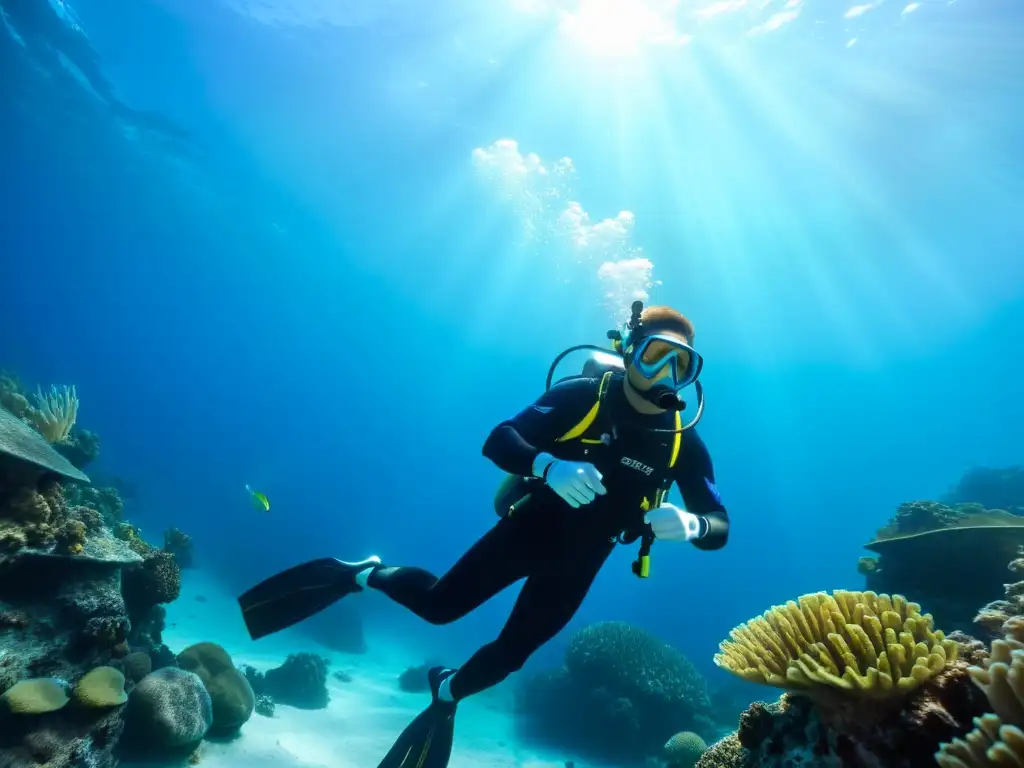 Un buceador desciende en el océano azul, con el equipamiento de buceo siendo sometido a pruebas de durabilidad en un entorno desafiante y fascinante