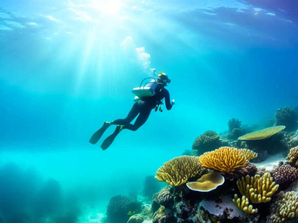 Un buceador disfruta de la belleza y tranquilidad del mundo submarino, practicando técnicas de visualización para buceo