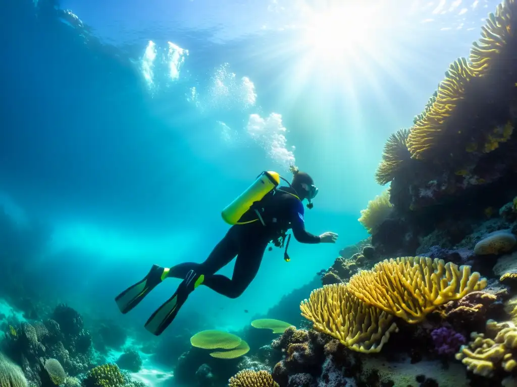 Un buceador con certificación de buceo con Nitrox explora un arrecife de coral, mostrando destreza y tranquilidad en su inmersión