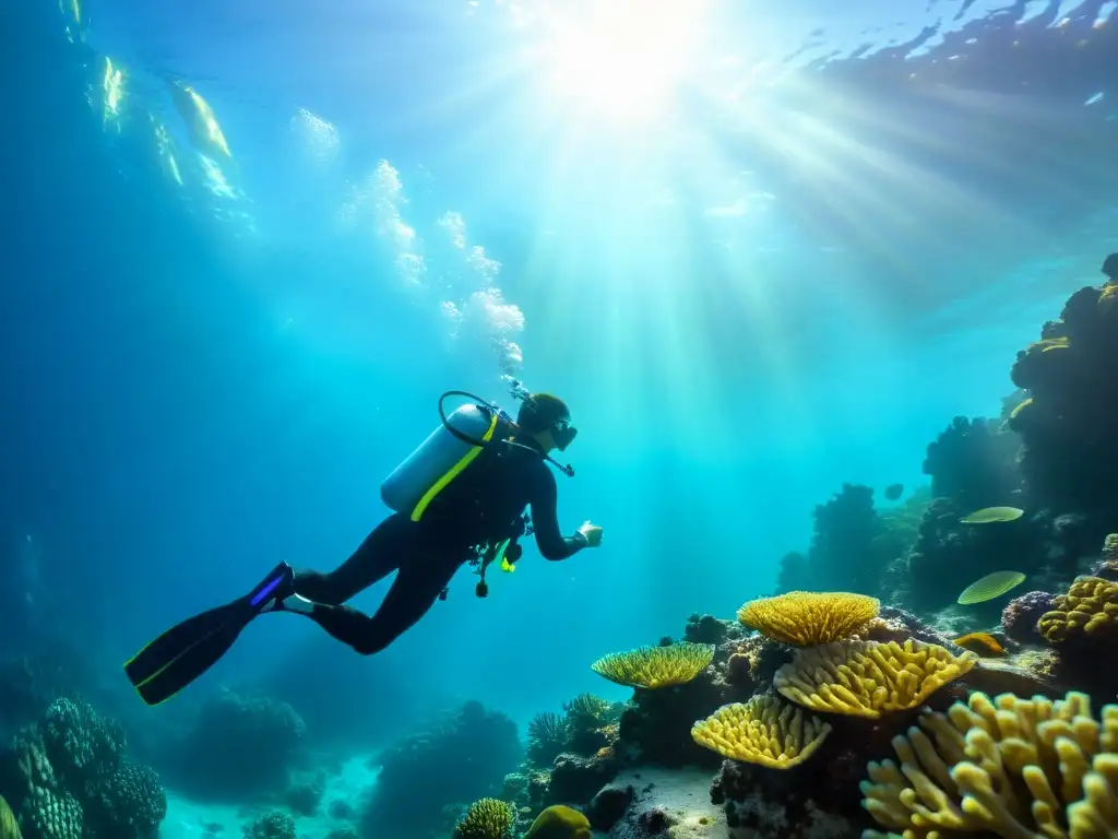 Un buceador en calma rodeado de arrecifes de coral vibrantes, técnicas de visualización para buceo