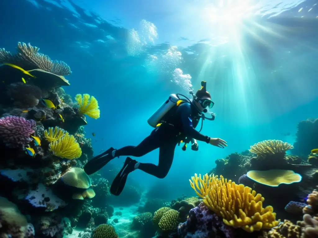 Exploración submarina: fotógrafo capturando la vida marina Un buceador ajusta su cámara bajo el agua, rodeado de coloridos arrecifes de coral