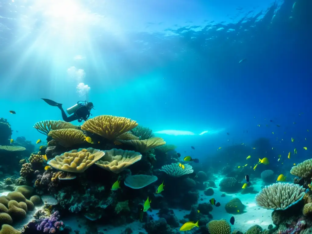 Un buceador explora una cámara hiperbárica sumergida en un vibrante arrecife de coral, iluminado por el sol