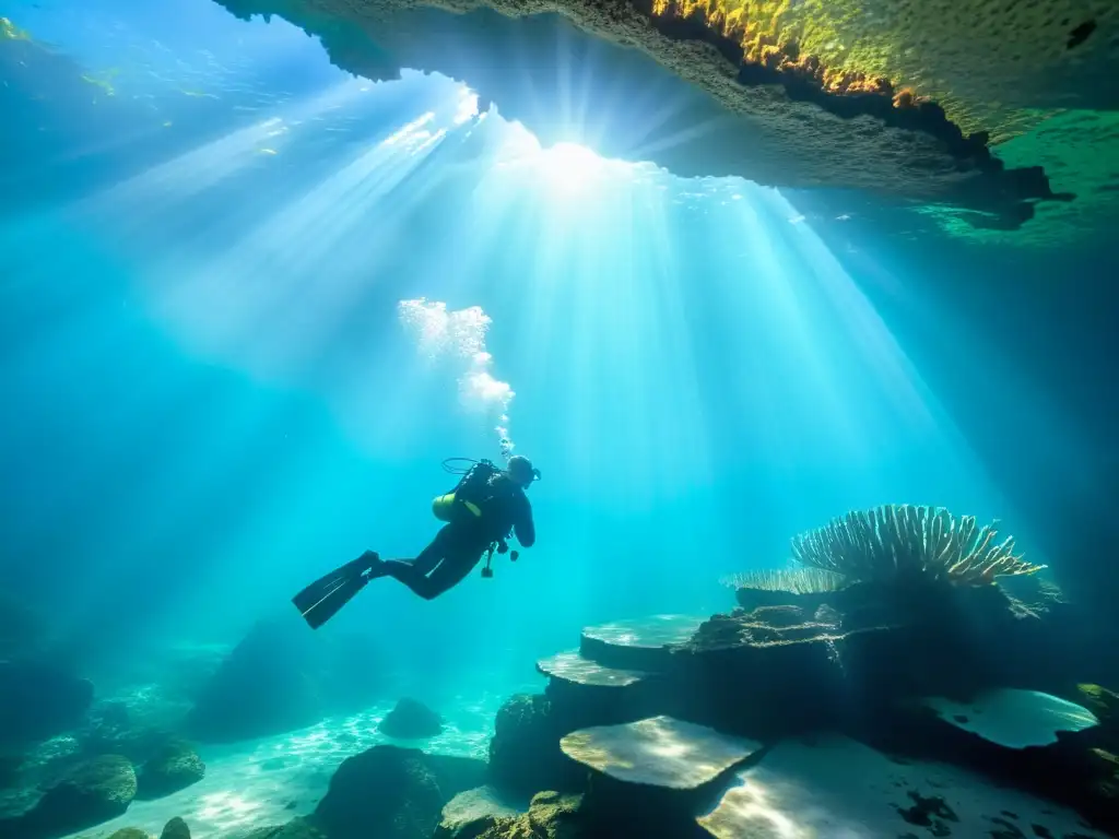 Un buceador explora un cenote, con rayos de sol iluminando formaciones rocosas y vida acuática