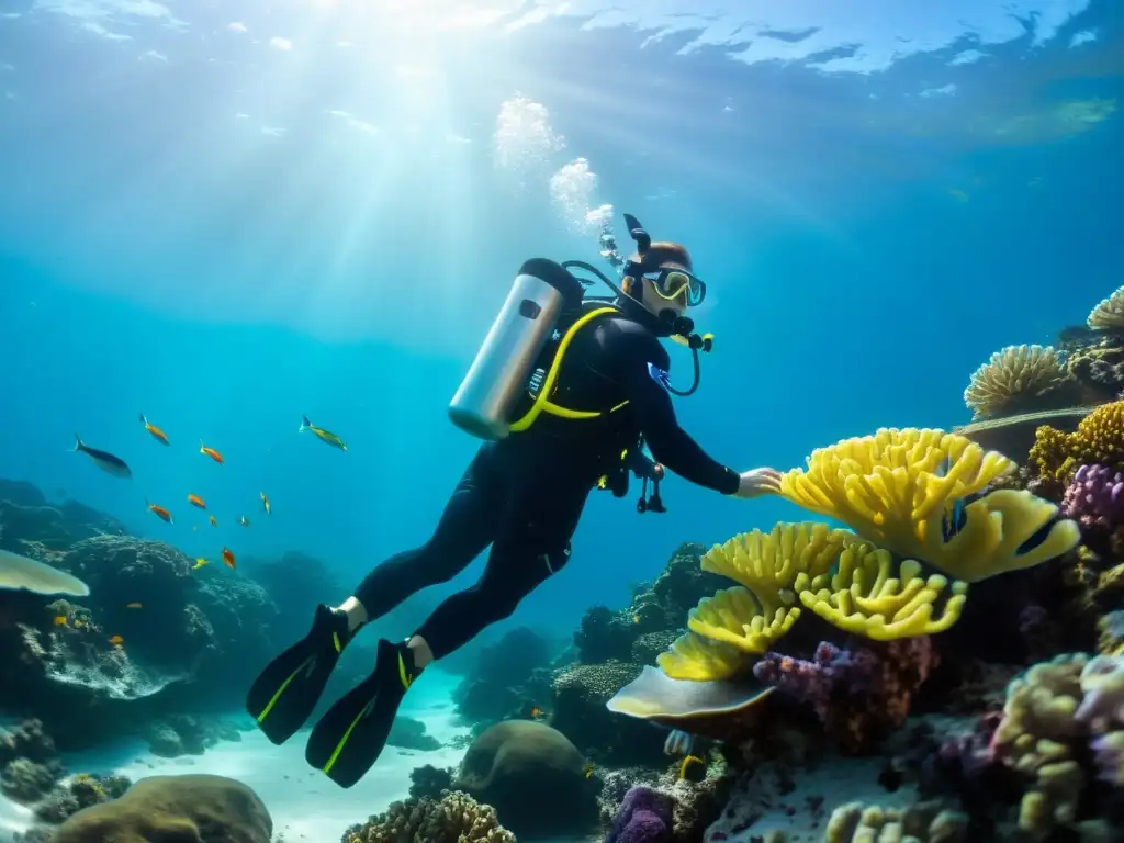 Un buceador con el chaleco hidrostático Zeagle Scout rodeado de coral y vida marina vibrante bajo el agua