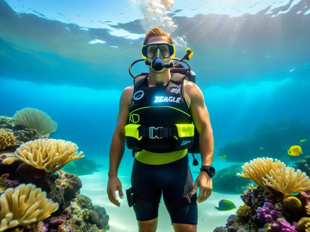 Un buceador con el chaleco hidrostático Zeagle Scout en un arrecife de coral, prueba su rendimiento en entorno real