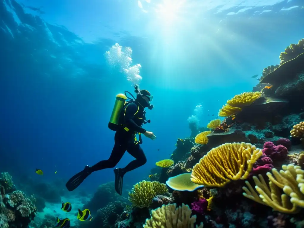 Un buceador con chaleco hidrostático de última tecnología explora un arrecife de coral vibrante en aguas cristalinas, bajo la luz del sol