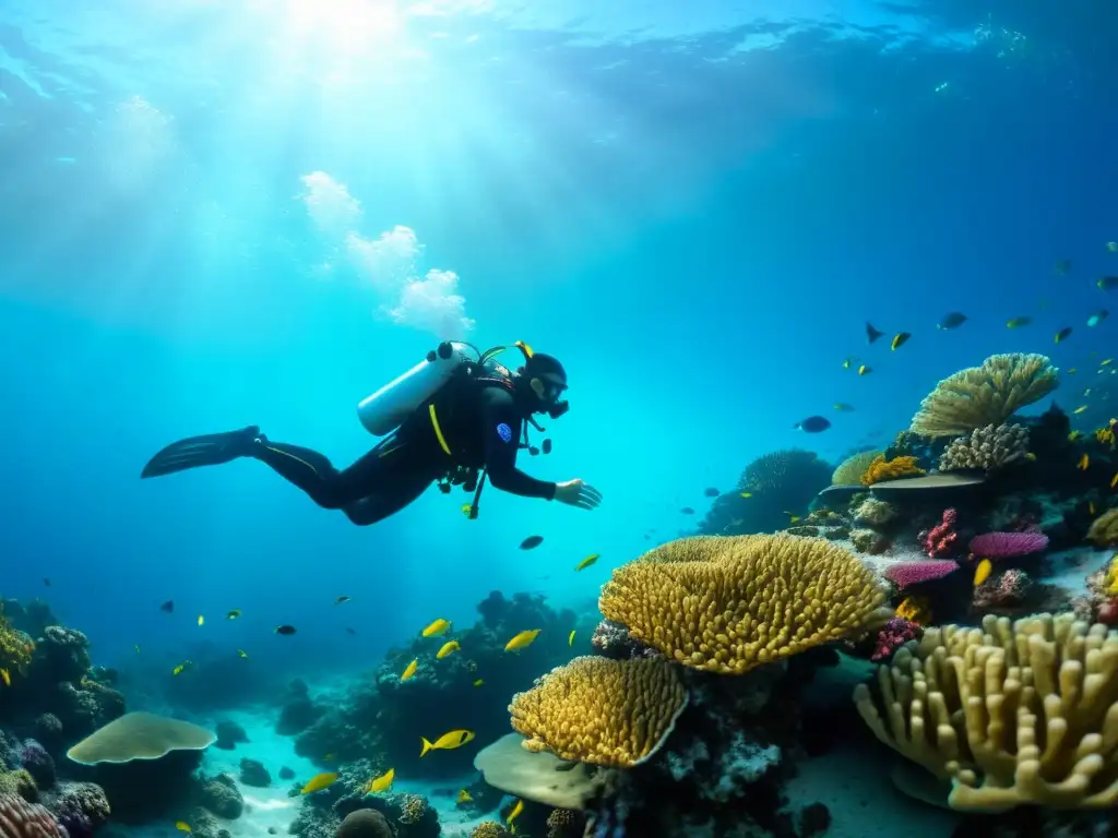 Un buceador explora un colorido arrecife de coral, rodeado de vida marina