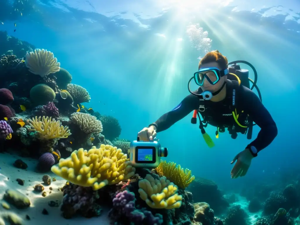 Un buceador ajusta un compresor de buceo portátil mientras explora un arrecife de coral bajo el agua cristalina del océano