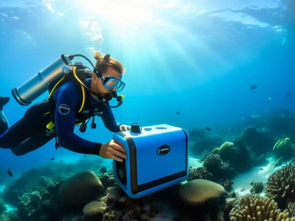Compresor de buceo en aguas cristalinas Un buceador utiliza un compresor de buceo portátil eficaz en aguas azules cristalinas, mientras la luz del sol crea patrones en el fondo marino