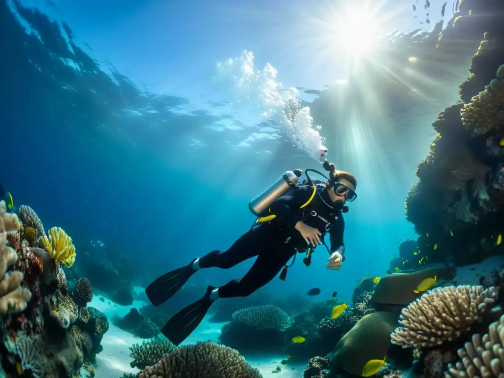 Un buceador opera un compresor de buceo portátil en un vibrante arrecife de coral, creando una escena de aventura submarina