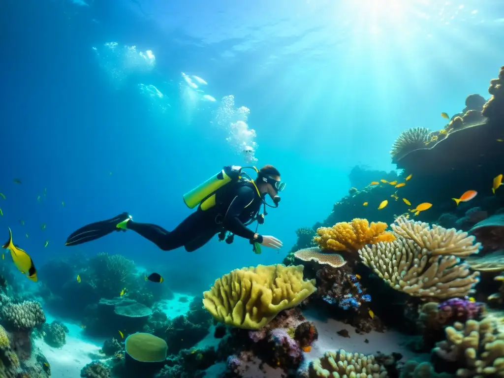 Un buceador revisa su computadora de buceo rodeado de coral vibrante y peces coloridos