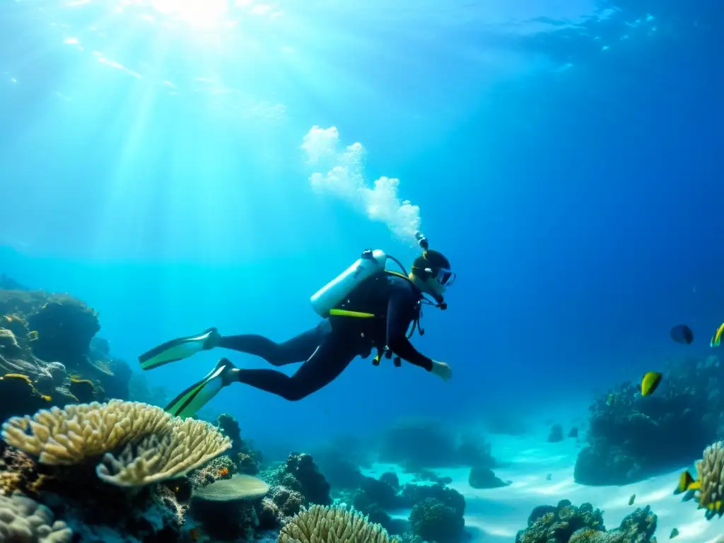 Un buceador estirando el cuerpo entre corales vibrantes