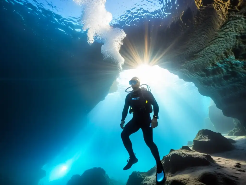 Un buceador desciende en una cueva subacuática helada