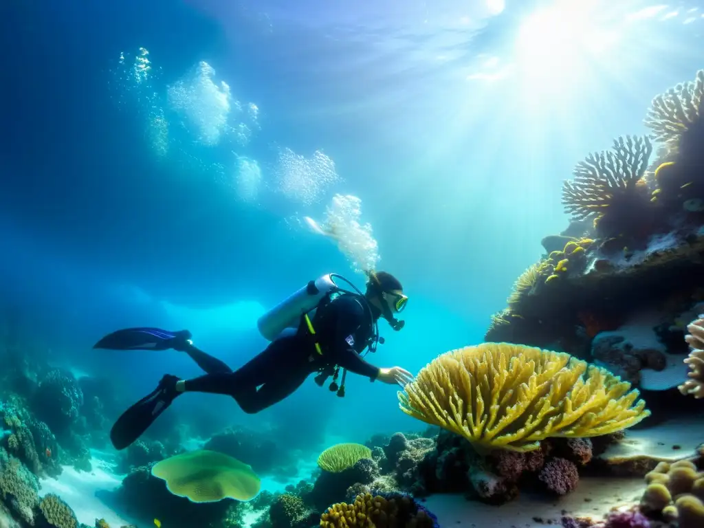 Un buceador explora con cuidado un vibrante arrecife de coral bajo el agua, transmitiendo tranquilidad y respeto por el frágil entorno marino