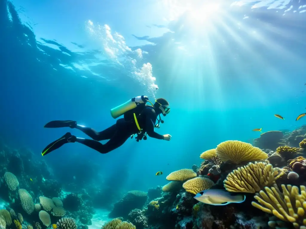 Un buceador en armonía con el ecosistema marino, realizando ejercicios de estabilidad para buceo en un mundo submarino vibrante y sereno