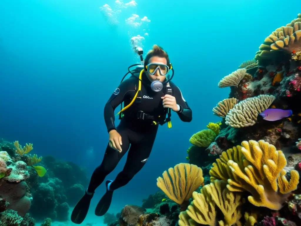 Un buceador desciende con elegancia en aguas cristalinas, rodeado de vida marina y coral colorido