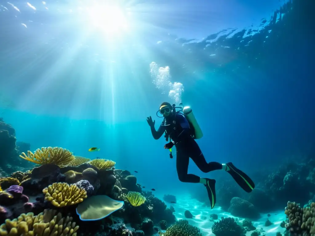 Un buceador se desliza elegante entre aguas cristalinas, rodeado de arrecifes de coral y vida marina