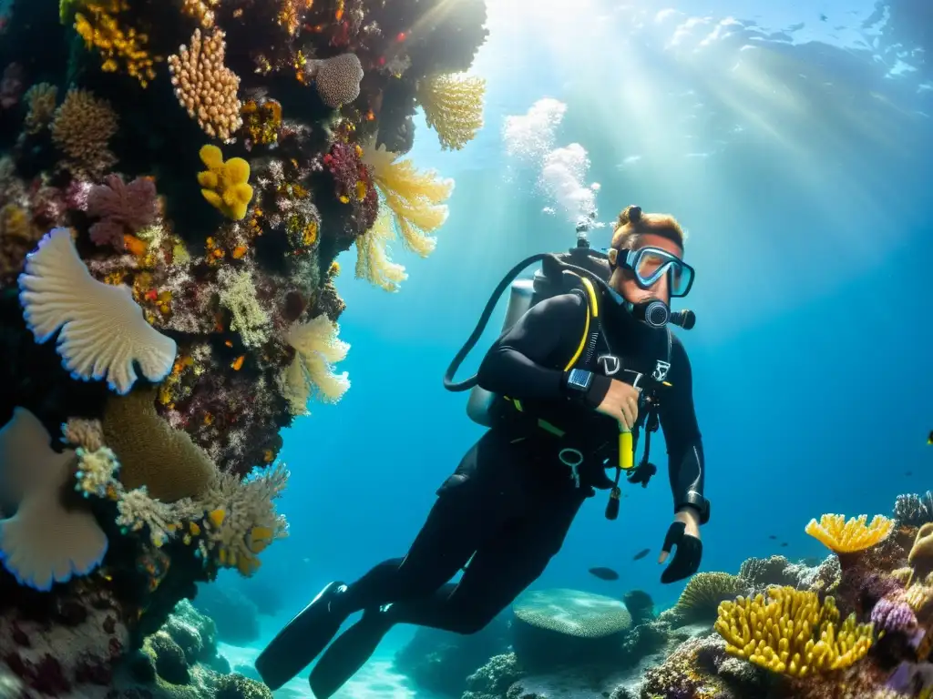 Un buceador con un elegante sistema de rebreather negro, rodeado de vida marina colorida en aguas cristalinas