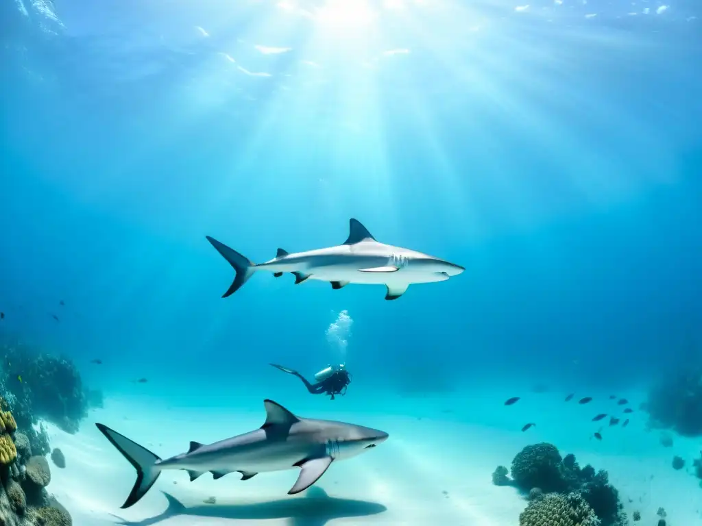 Un buceador en un encuentro seguro con tiburones en aguas cristalinas, rodeado de la belleza y gracia de estos magníficos animales marinos