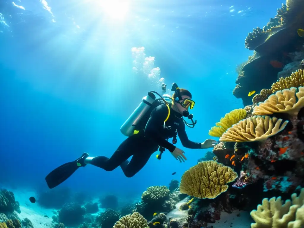 Un buceador equipado con dispositivos para mejorar seguridad buceo explora un arrecife de coral, rodeado de colores vibrantes y tranquilidad submarina