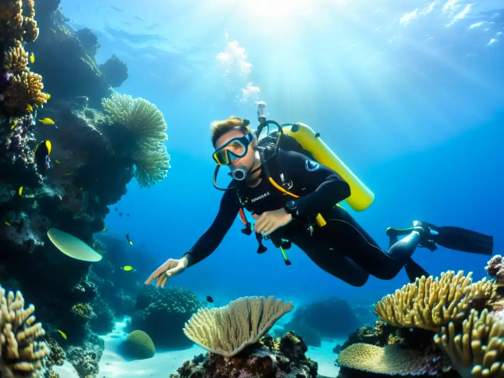 Un buceador ensambla equipo de buceo modular entre vibrantes arrecifes de coral, bajo el agua clara y la luz del sol