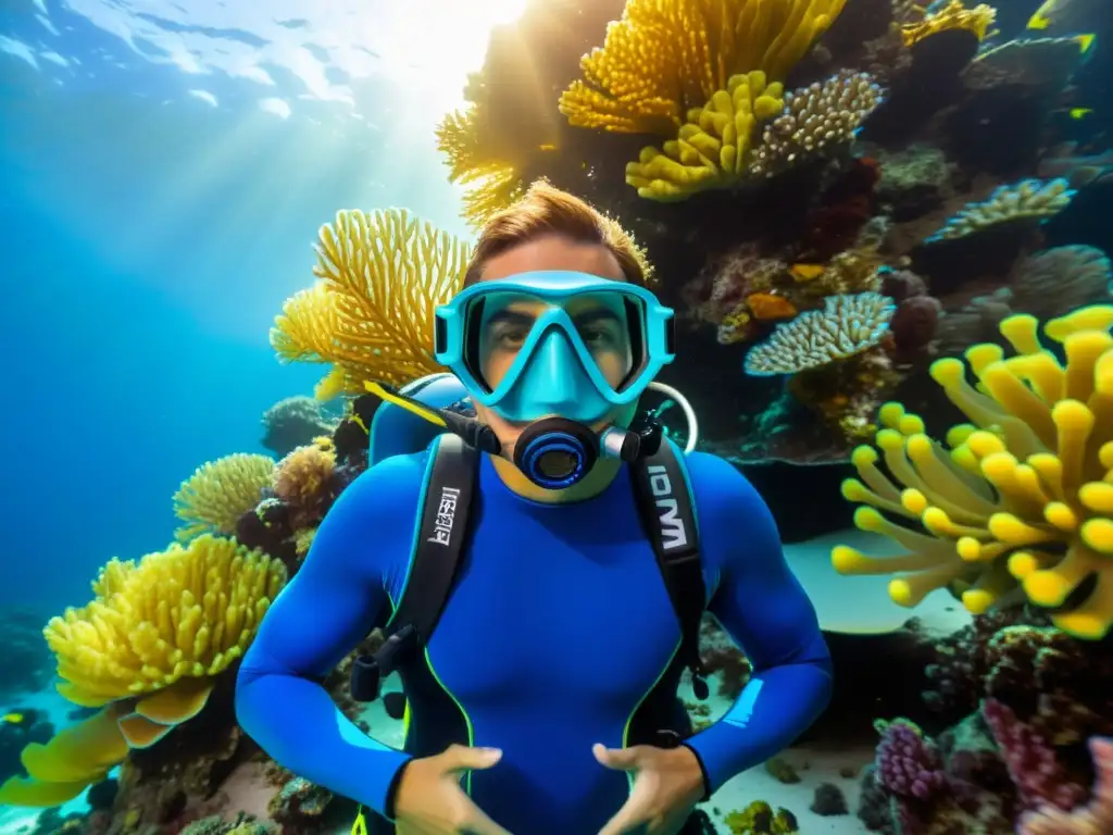 Un buceador disfruta de un equipo de buceo personalizado con impresión 3D, rodeado de vida marina y coloridos arrecifes de coral bajo el agua