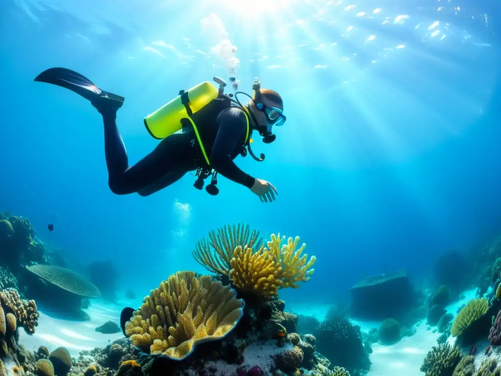 Un buceador inspecciona su equipo de buceo personalizado en aguas cristalinas, rodeado de vida marina vibrante