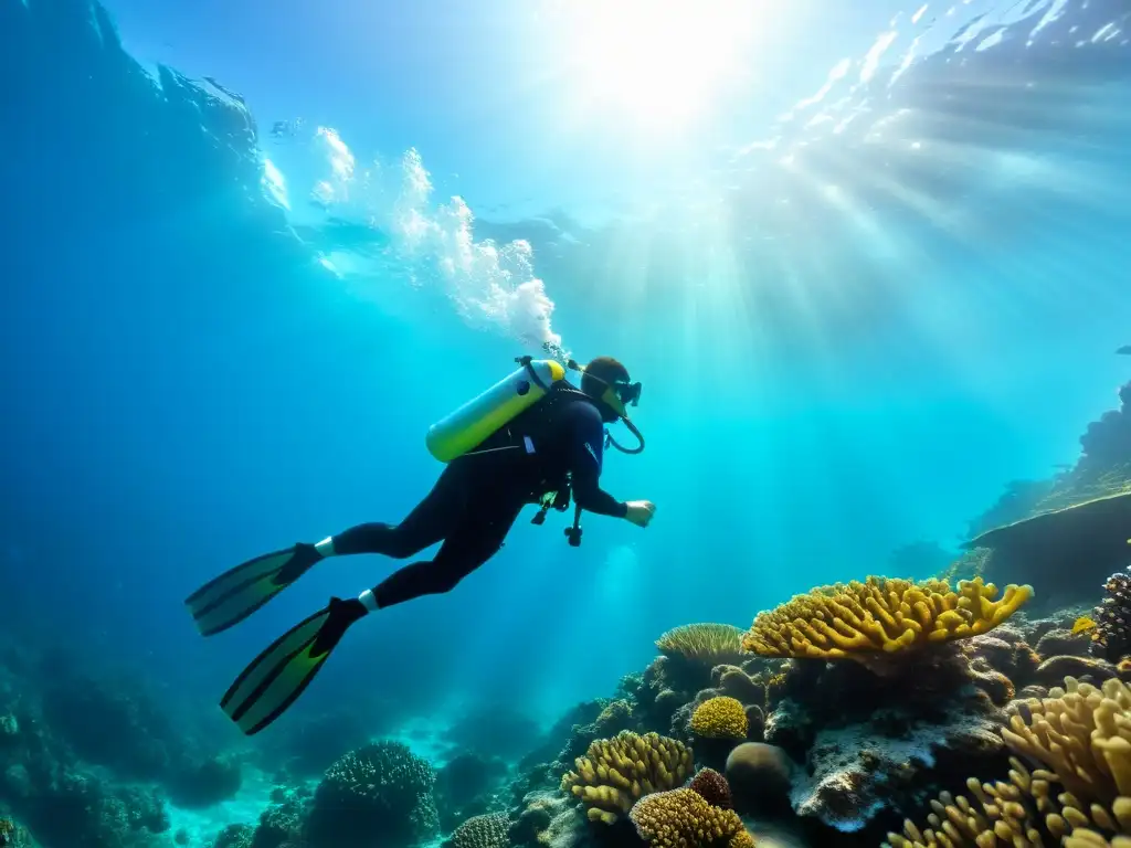 Un buceador en equipo completo surca con gracia las aguas cristalinas, rodeado de arrecifes de coral vibrantes y una diversa variedad de vida marina