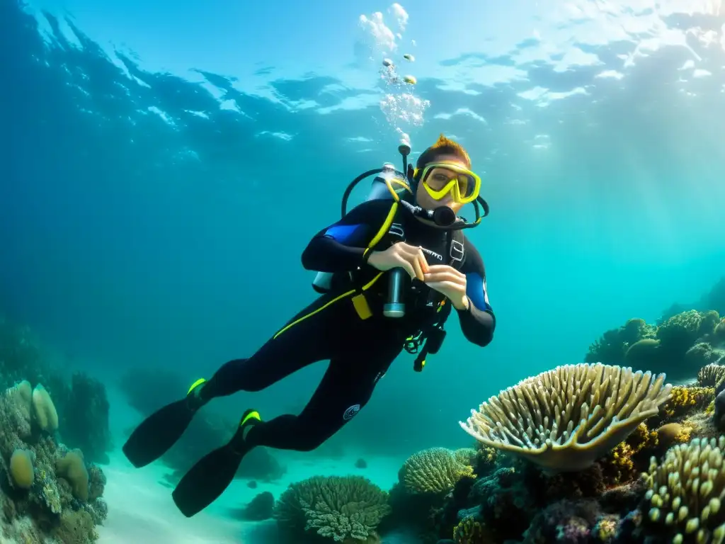 Un buceador con equipo de Nitrox explora un mundo submarino lleno de vida marina y aguas cristalinas