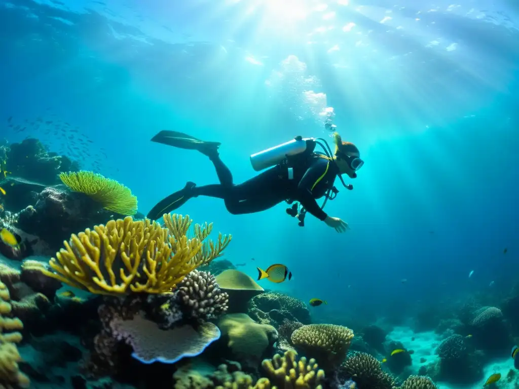 Un buceador explora sin esfuerzo arrecifes de coral con peces tropicales, iluminado por el sol, usando el Sistema de buceo sin tanque AirBuddy