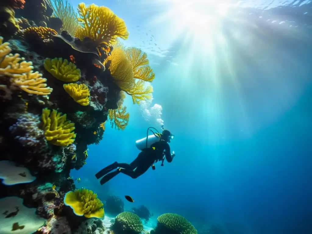 Un buceador regresa con éxito al agua, mostrando dominio y confianza en un vibrante arrecife de coral