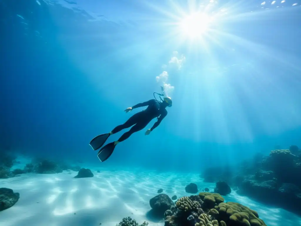 Un buceador experto en apnea explora el océano profundo, rodeado de aguas cristalinas y la luz del sol