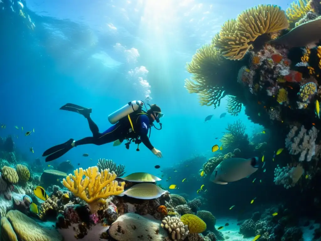 Un buceador experto explora un arrecife de coral, rodeado de vida marina vibrante