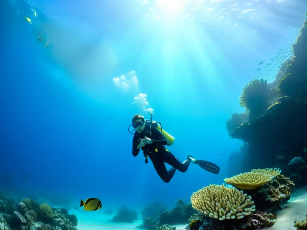 Un buceador experto disfruta de la calma del mar, rodeado de coloridos peces tropicales