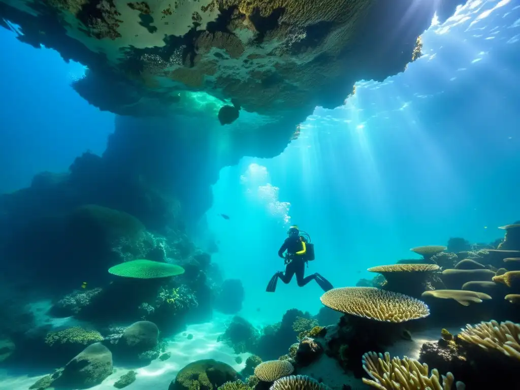 Un buceador experto explora cavernas subacuáticas con técnicas avanzadas, admirando la belleza natural del mundo submarino