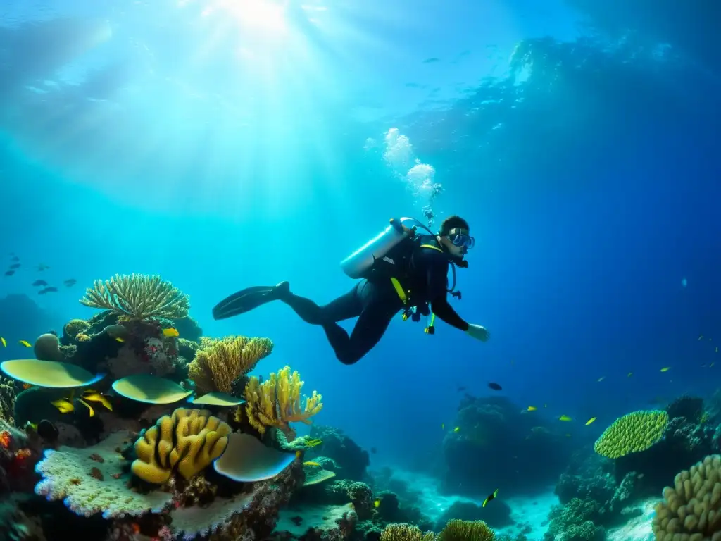 Un buceador experto explora con gracia un arrecife de coral vibrante, repleto de vida marina y peces coloridos bajo el agua cristalina