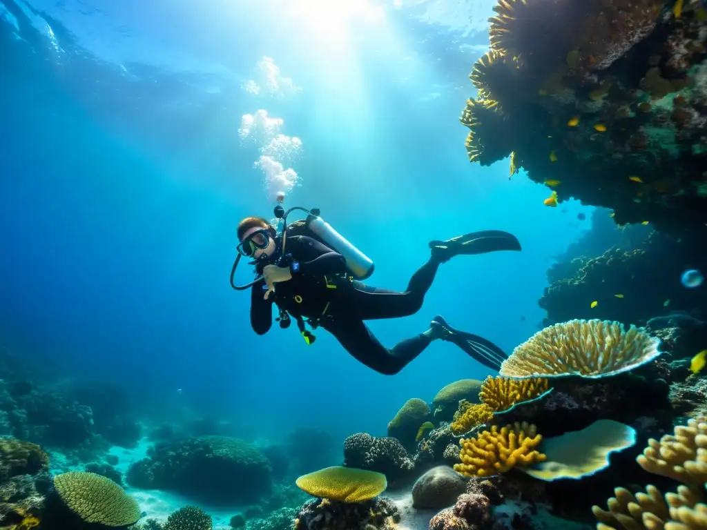 Un buceador experto demuestra técnicas de respiración para buceadores principiantes en un vibrante arrecife de coral