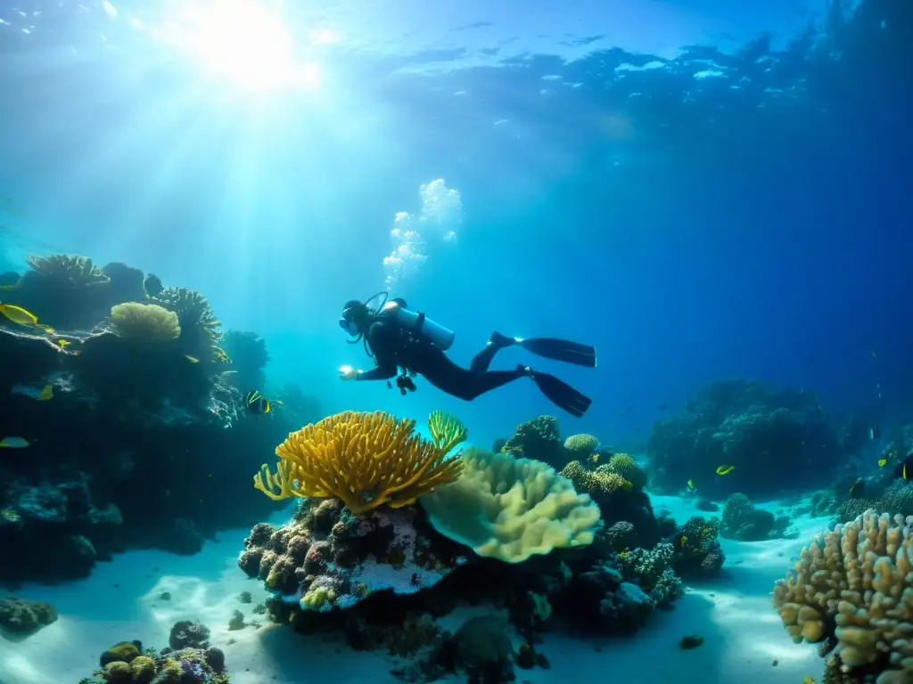 Un buceador experto muestra sus técnicas de supervivencia subacuática mientras explora un vibrante arrecife de coral, rodeado de vida marina colorida y la luz del sol filtrándose a través del agua cristalina