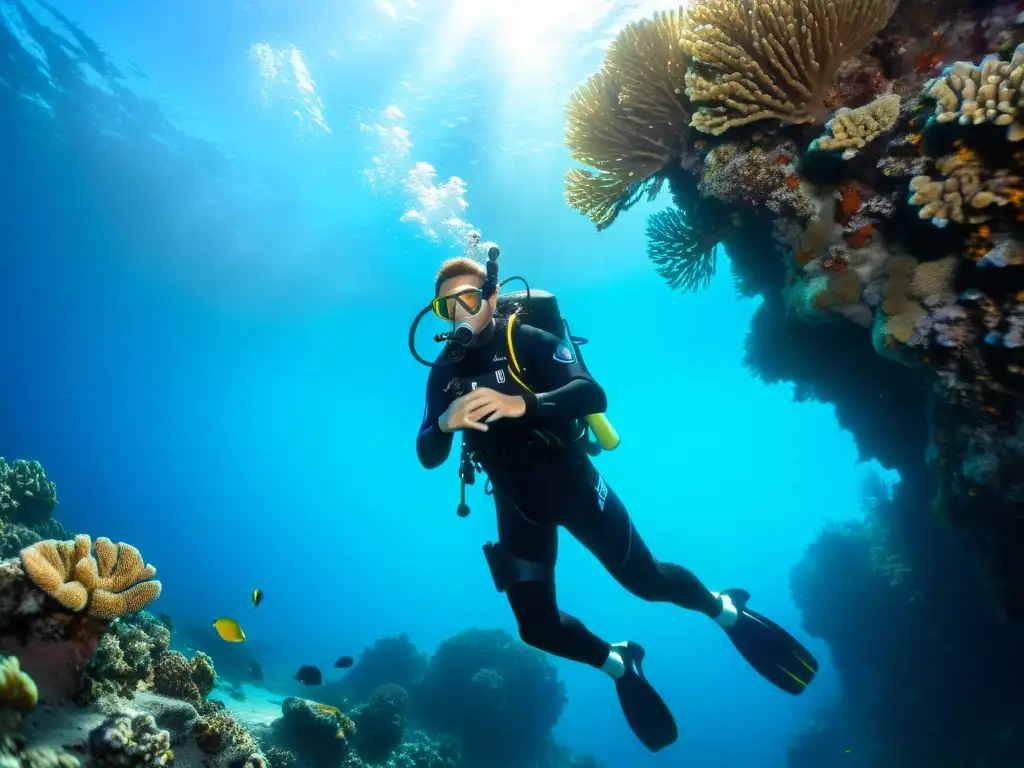 Un buceador experto en traje de neopreno negro nada con gracia entre arrecifes de coral y vida marina en aguas cristalinas