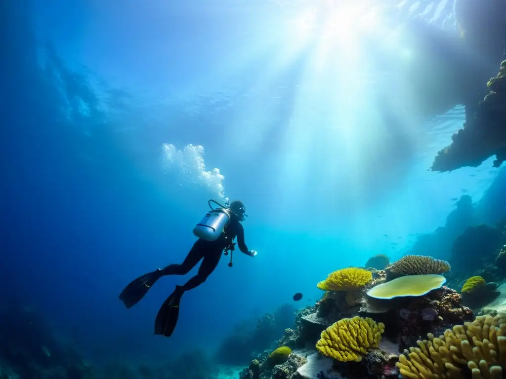 Un buceador desciende al fondo marino rodeado de vida marina y coral colorido