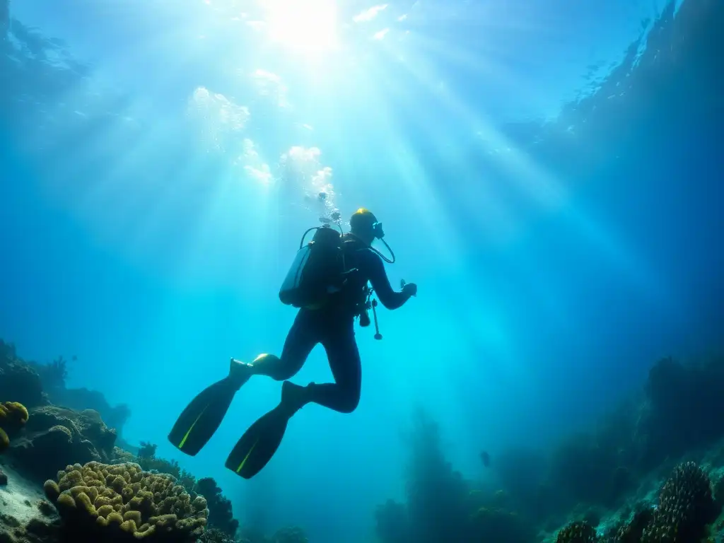 Buceador explorando el fondo marino, rodeado de la serenidad azul del océano