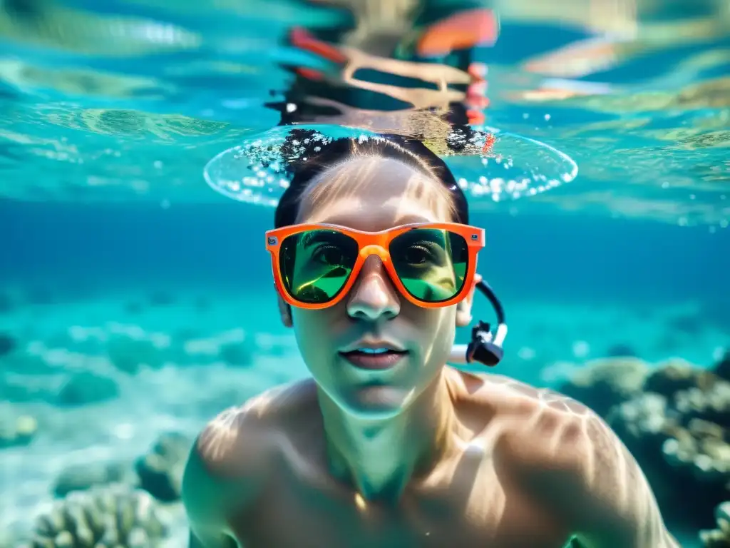 Un buceador con gafas de sol marinas disfruta de la belleza submarina mientras protege sus ojos con estilo