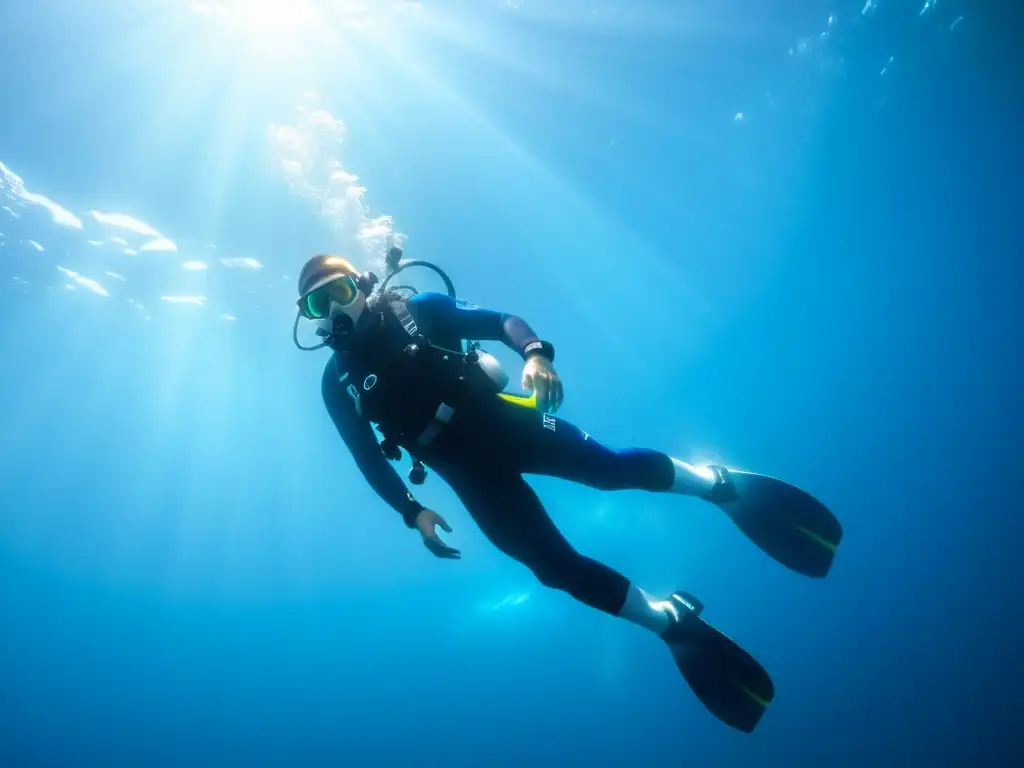 Un buceador se desliza con gracia bajo el agua clara, mostrando fuerza y determinación en sus ejercicios para aumentar resistencia buceo